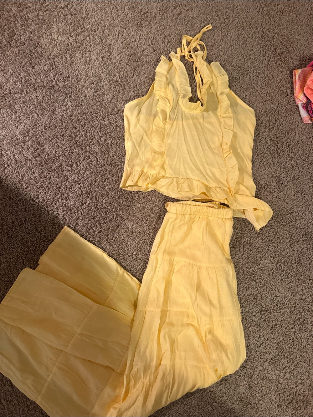 SHEIN Yellow Ruffle Halter Crop Top & Maxi Skirt Set